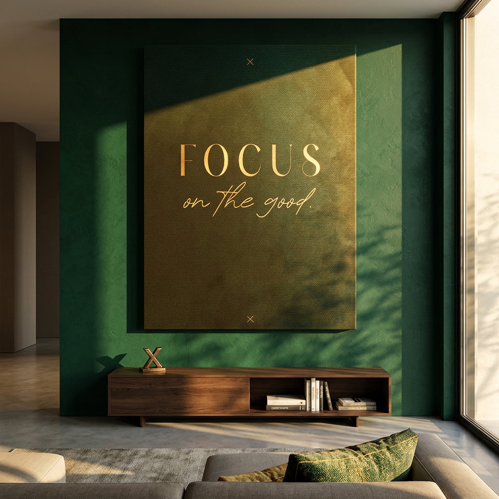 DOTCOMCANVAS FOCUS Leinwandbild – Raum-Mockup im Wohnzimmer, motivierendes Typografie-Wandbild