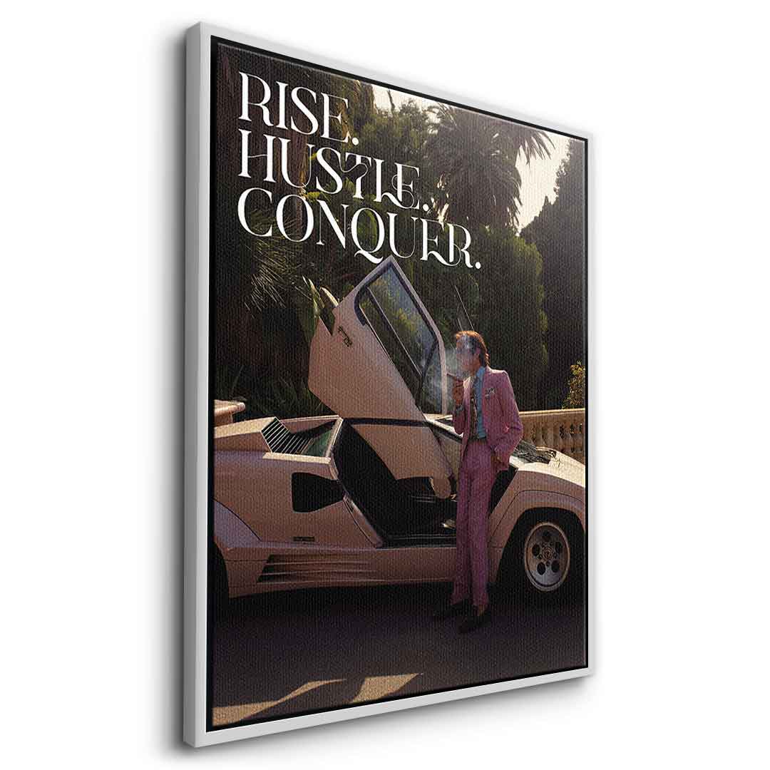 DOTCOMCANVAS Rise. Hustle. Conquer. Leinwandbild Silberner Rahmen Seitenansicht