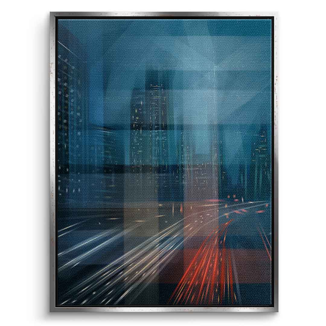 Night City with Speed - Leinwandbild Silberner Rahmen