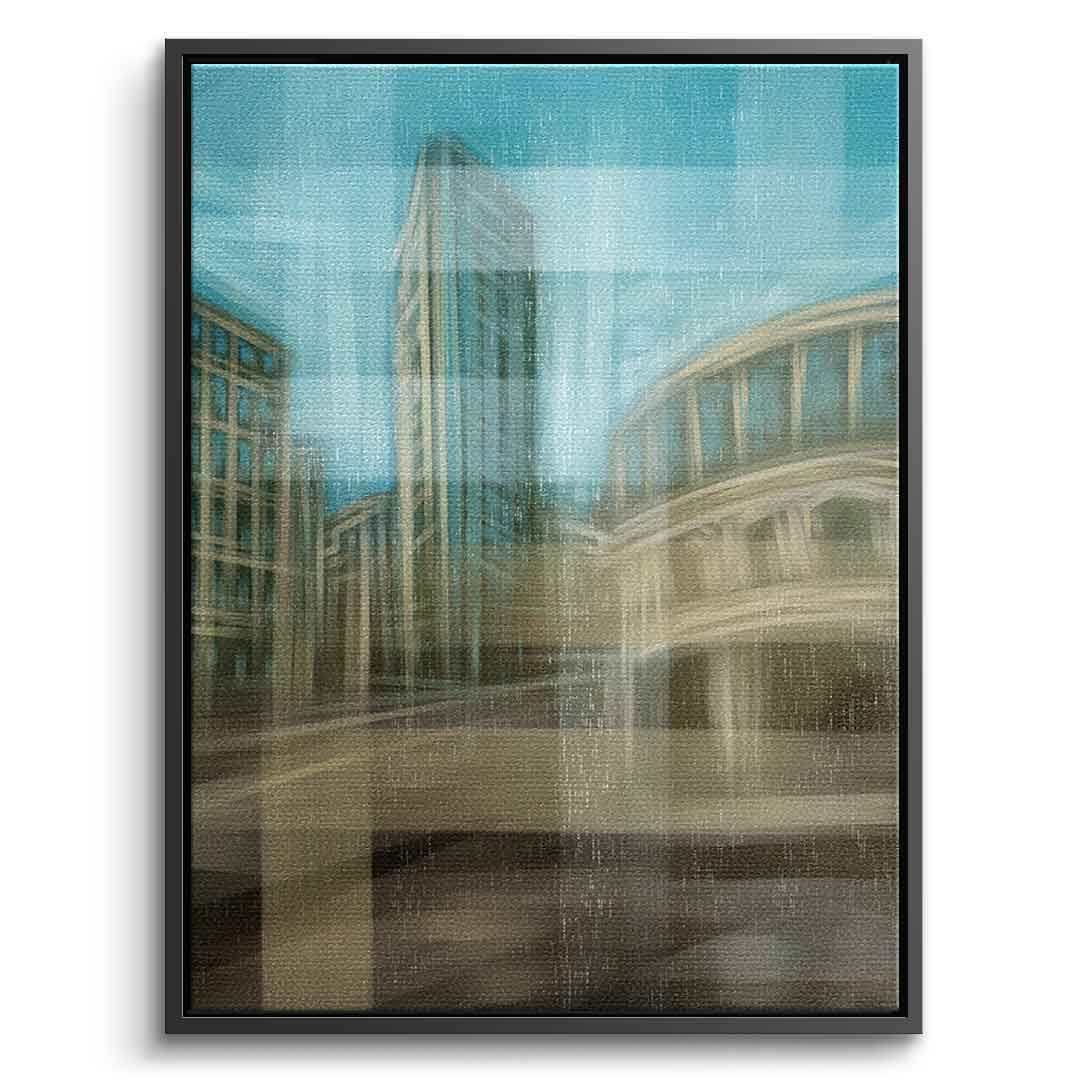 City in the Embrace of Golden Mist Leinwandbild Vorderansicht schwarzer Rahmen