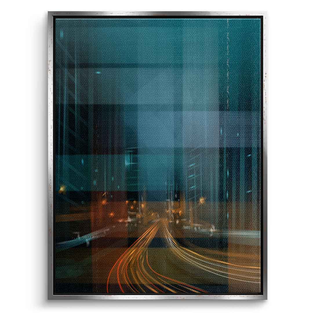 City in the Rhythm of Light Leinwandbild Vorderansicht silberner Rahmen