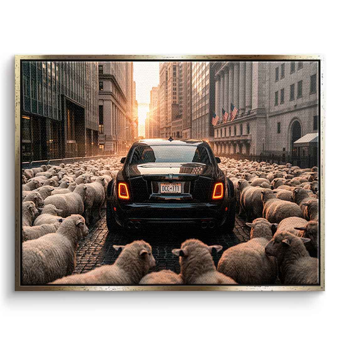 DOTCOMCANVAS Rolls Roys & Sheeps Leinwandbild Frontansicht silberner Rahmen