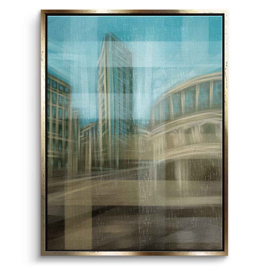 City in the Embrace of Golden Mist Leinwandbild Vorderansicht goldener Rahmen