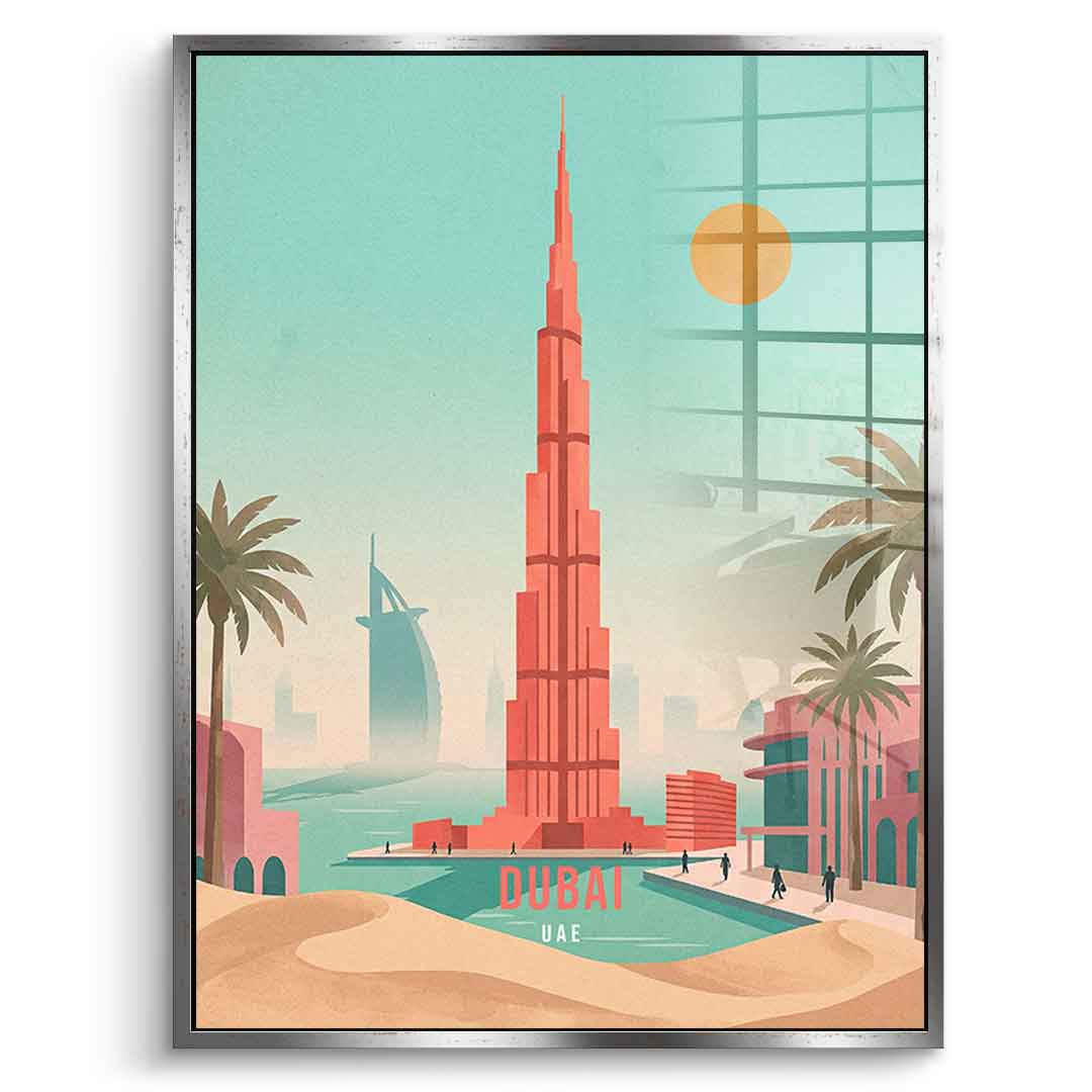 DOTCOMCANVAS Dubai Acrylglasbild Vorderansicht mit silbernem Rahmen