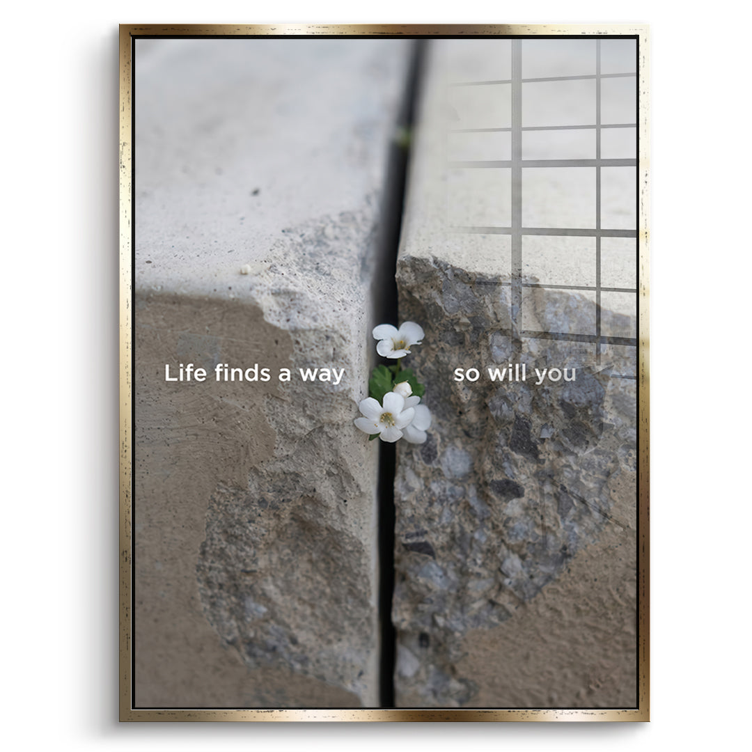 DOTCOMCANVAS Life finds a way Acrylglasbild Vorderansicht goldener Rahmen