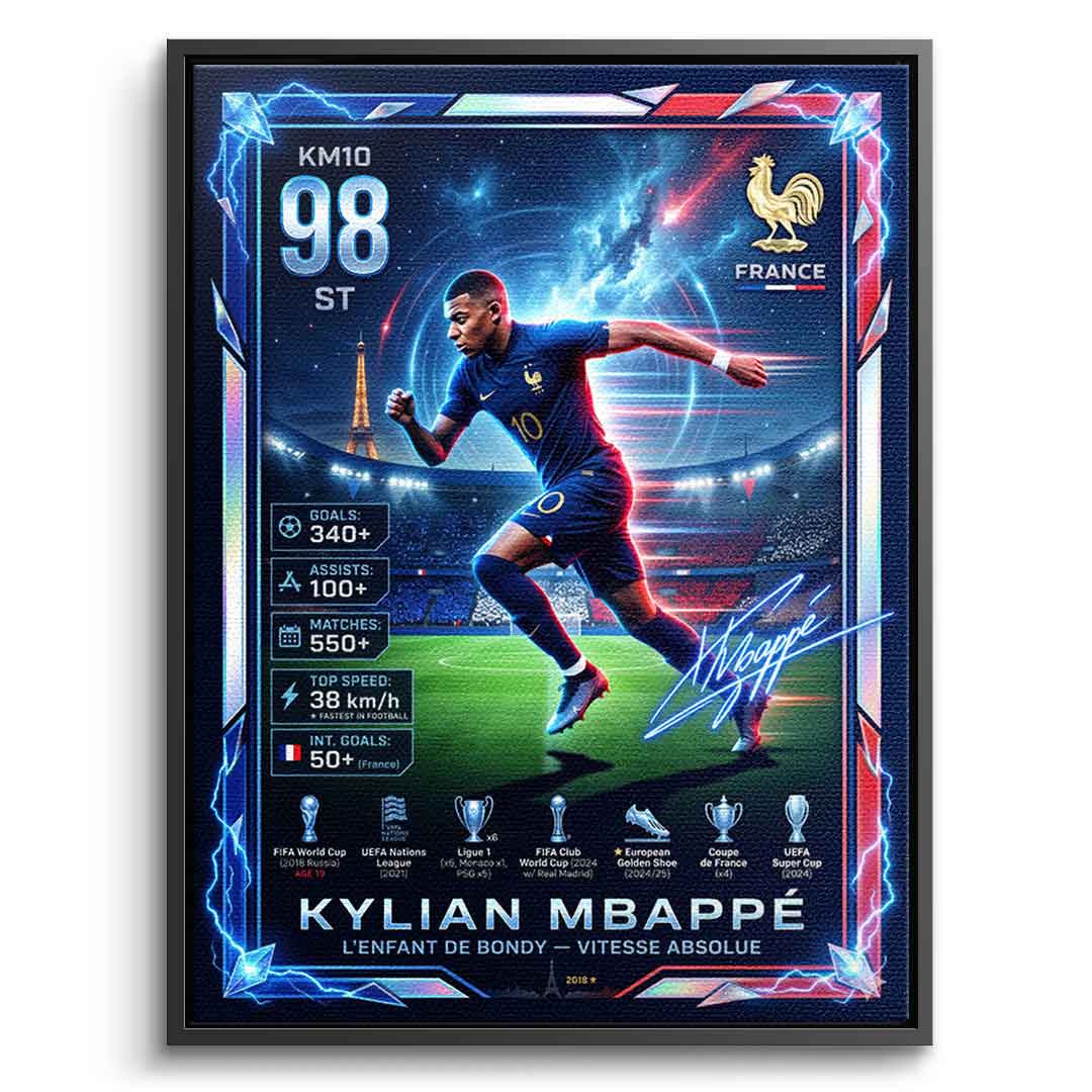 Mbappé Trade Card Leinwandbild silberner Rahmen