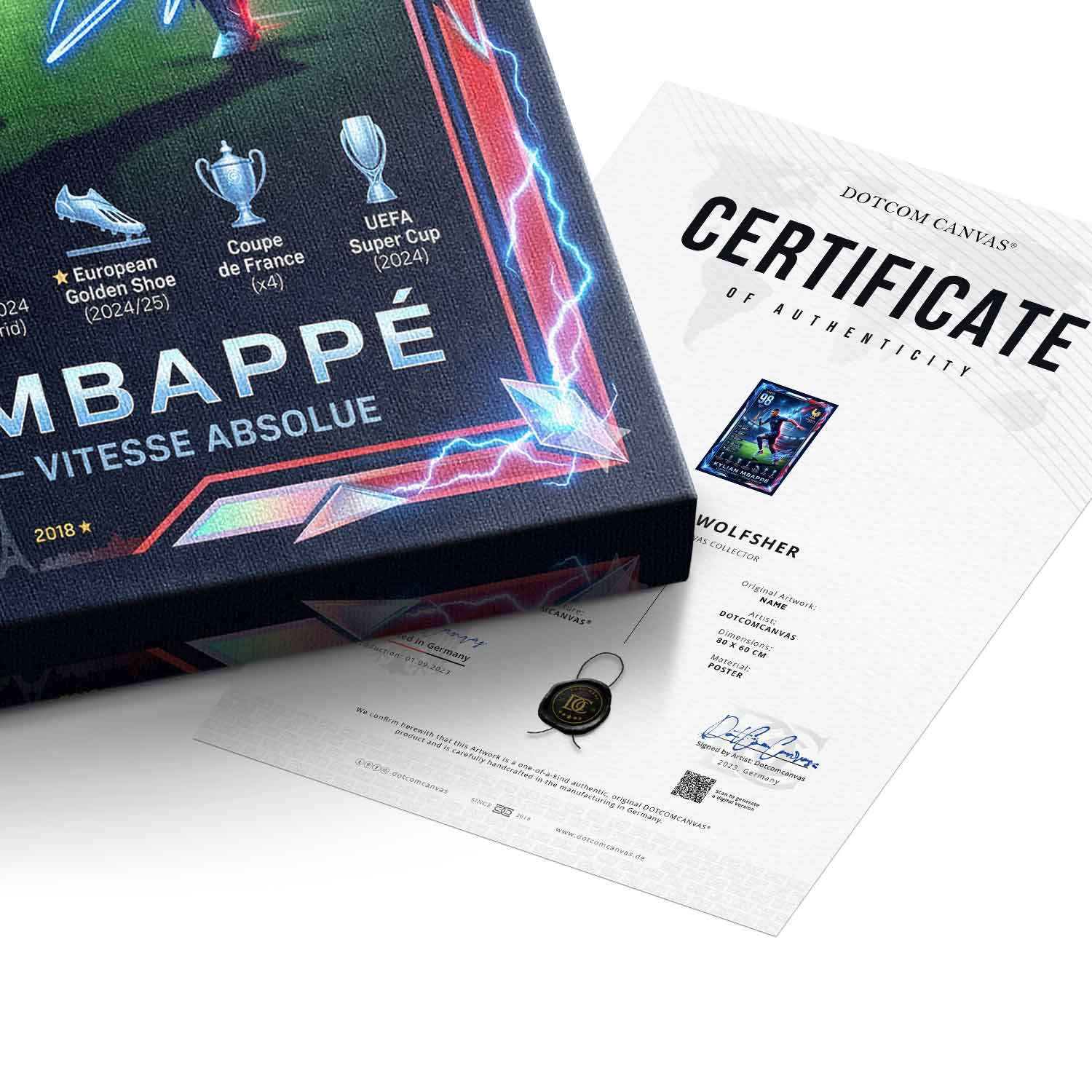 Mbappé Trade Card Leinwandbild Zertifikat