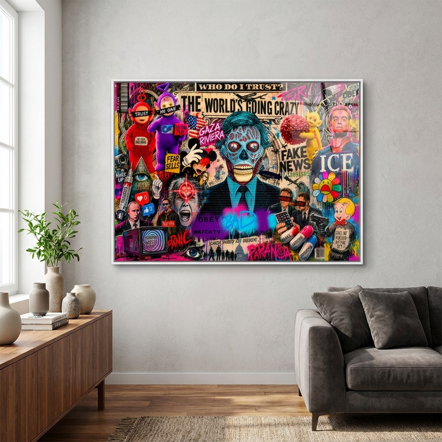 THE WORLD IS GOING CRAZY - Acrylglasbild Raum Mockup