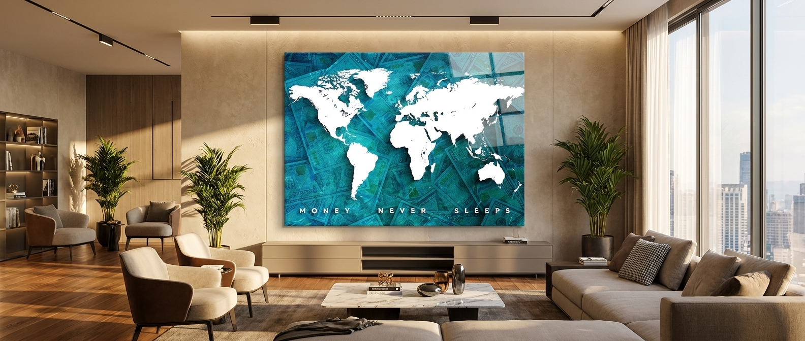 DOTCOMCANVAS Money in World Never Sleeps Acrylglas Banner