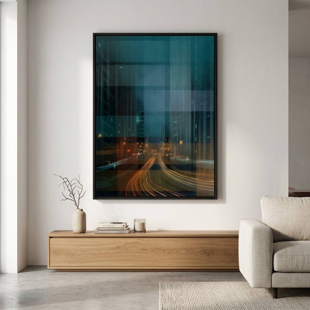 City in the Rhythm of Light Leinwandbild Room Mockup