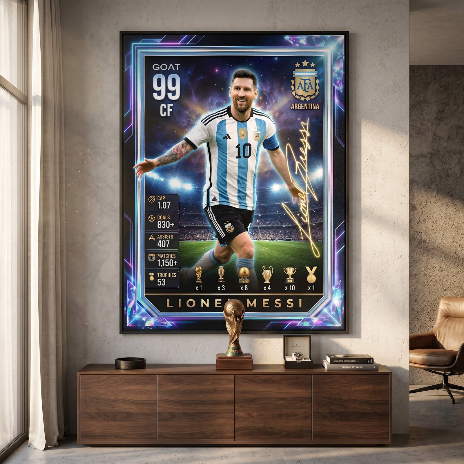 Messi Trade Card Leinwandbild Raumansicht