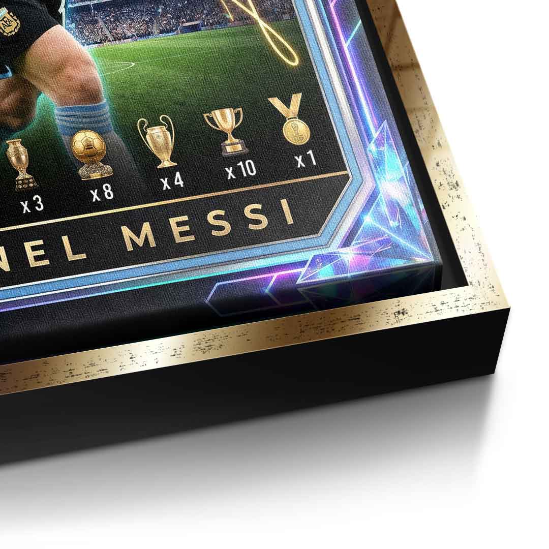 Messi Trade Card Leinwandbild schwarzer Rahmen