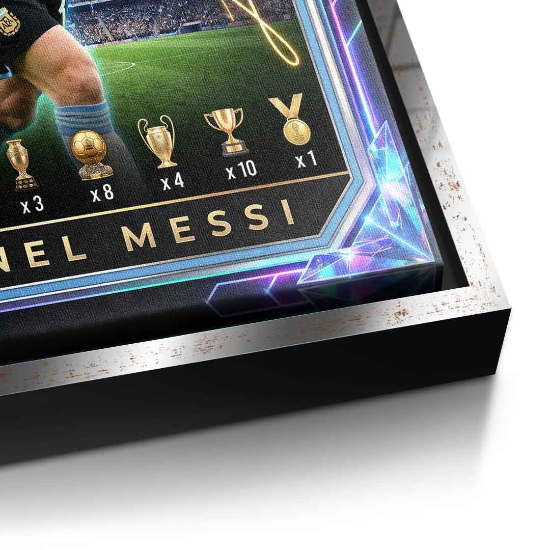 Messi Trade Card Leinwandbild silberner Rahmen