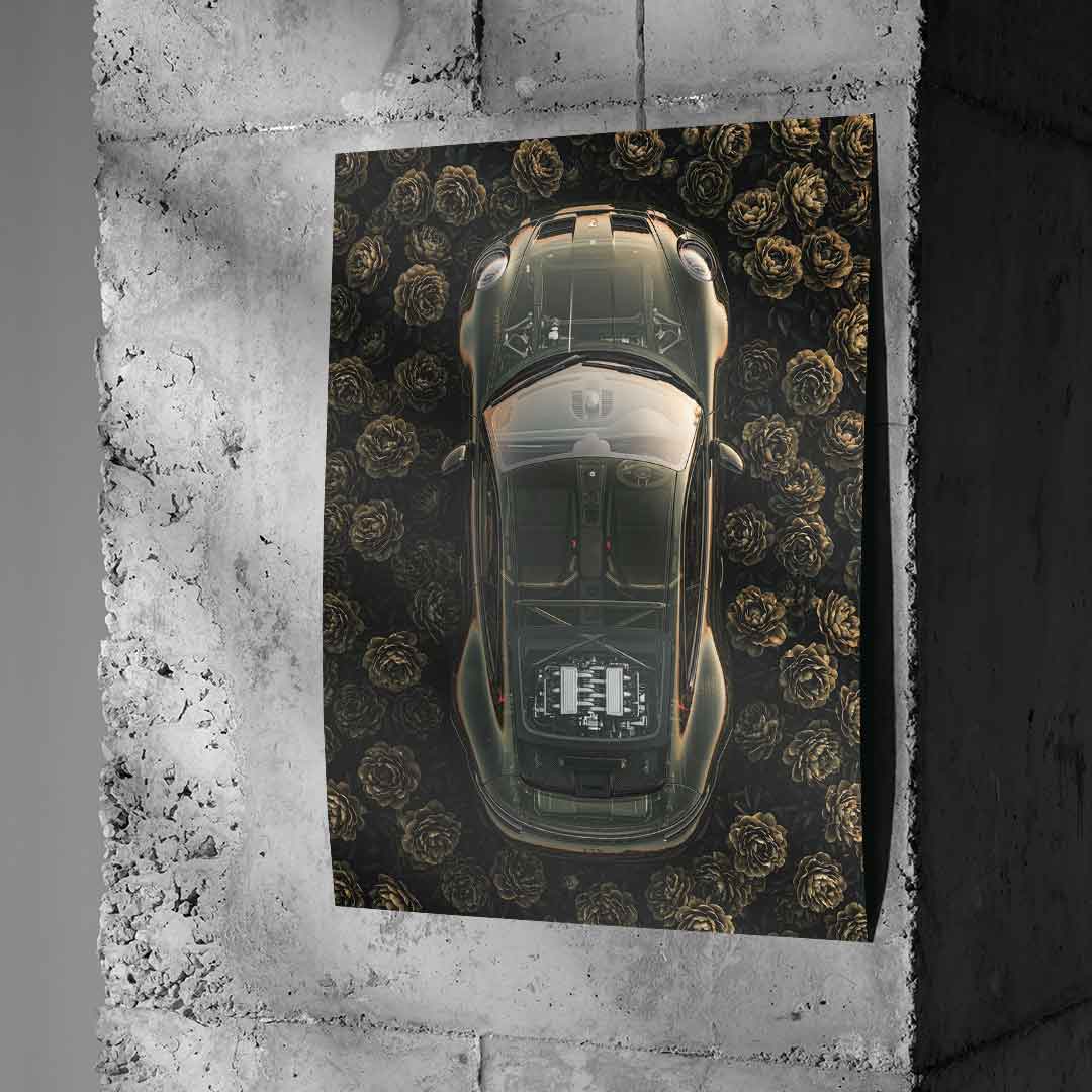 DOTCOMCANVAS® Porsche in flowers Poster – an Beton-Wand