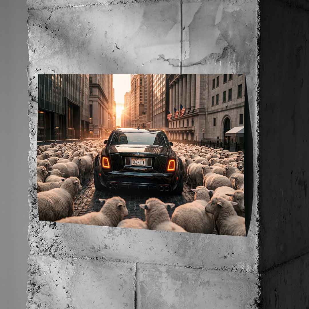 DOTCOMCANVAS Rolls Roys & Sheeps Poster an Betonwand