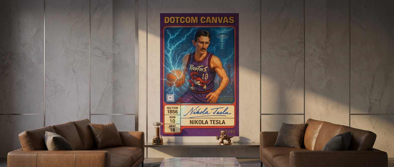 DOTCOMCANVAS® Nikola Tesla Basketball Card Poster – Website Banner