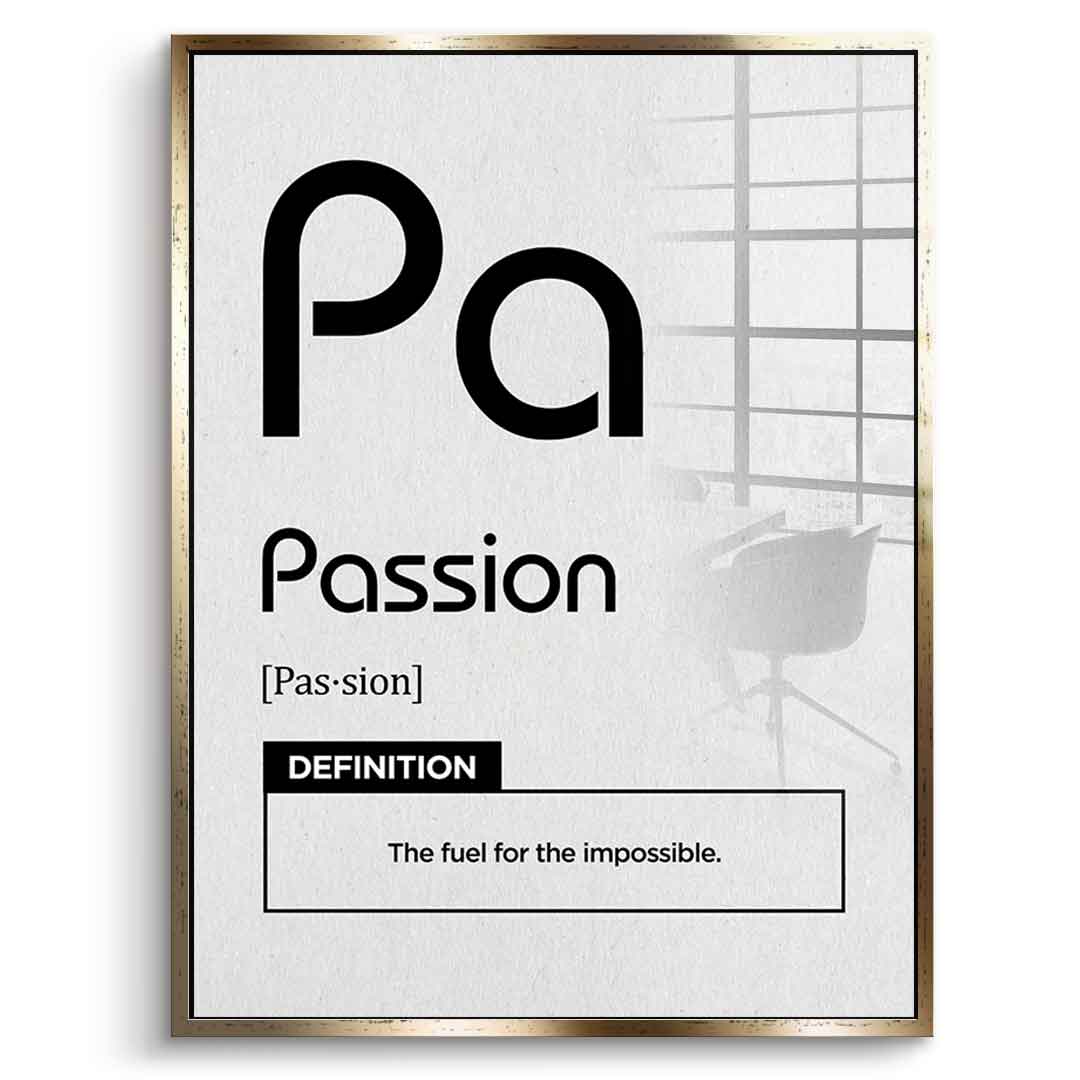 DOTCOMCANVAS® Passion (Pa) Acrylglasbild Version Weiß – Vorderansicht Silberner Rahmen
