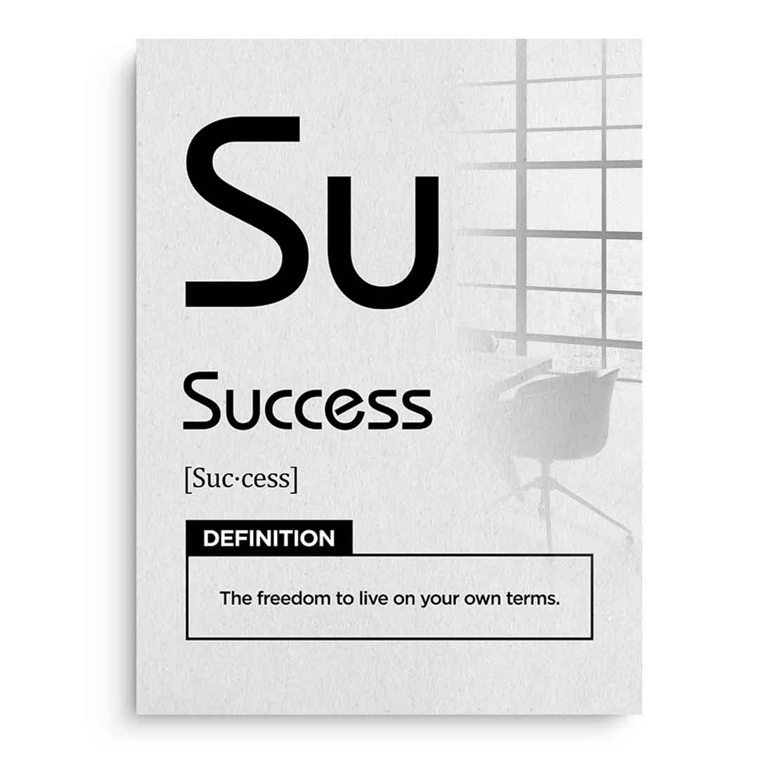 DOTCOMCANVAS® Success (Su) Acrylglasbild Version Weiß – Vorderansicht Schwarzer Rahmen