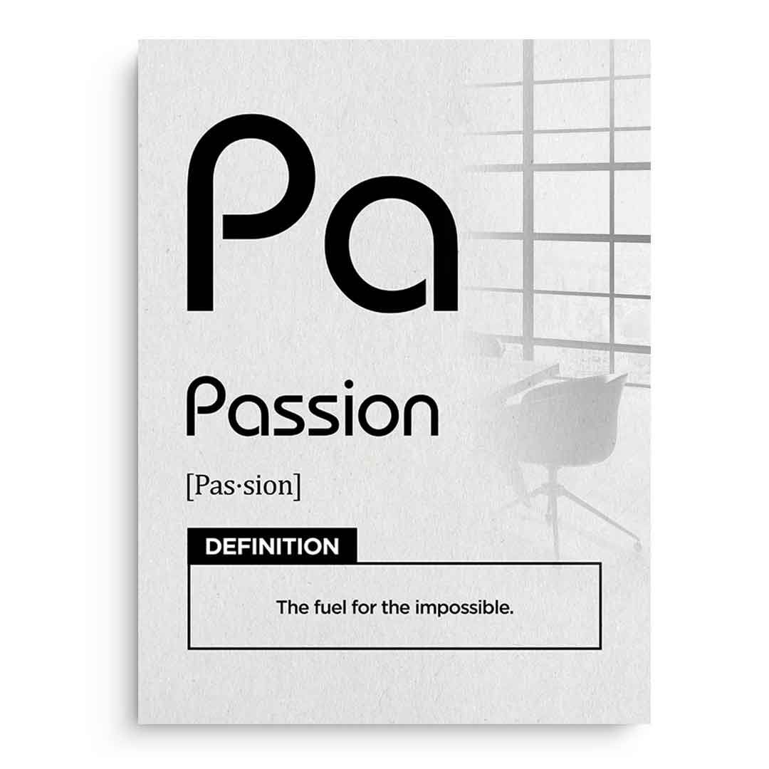DOTCOMCANVAS® Passion (Pa) Acrylglasbild Version Weiß – Vorderansicht Schwarzer Rahmen