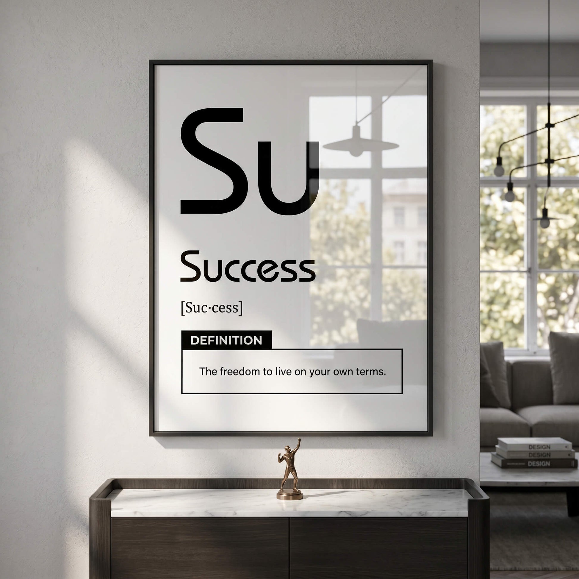 DOTCOMCANVAS® Success (Su) Acrylglasbild Version Weiß – Raum-Mockup