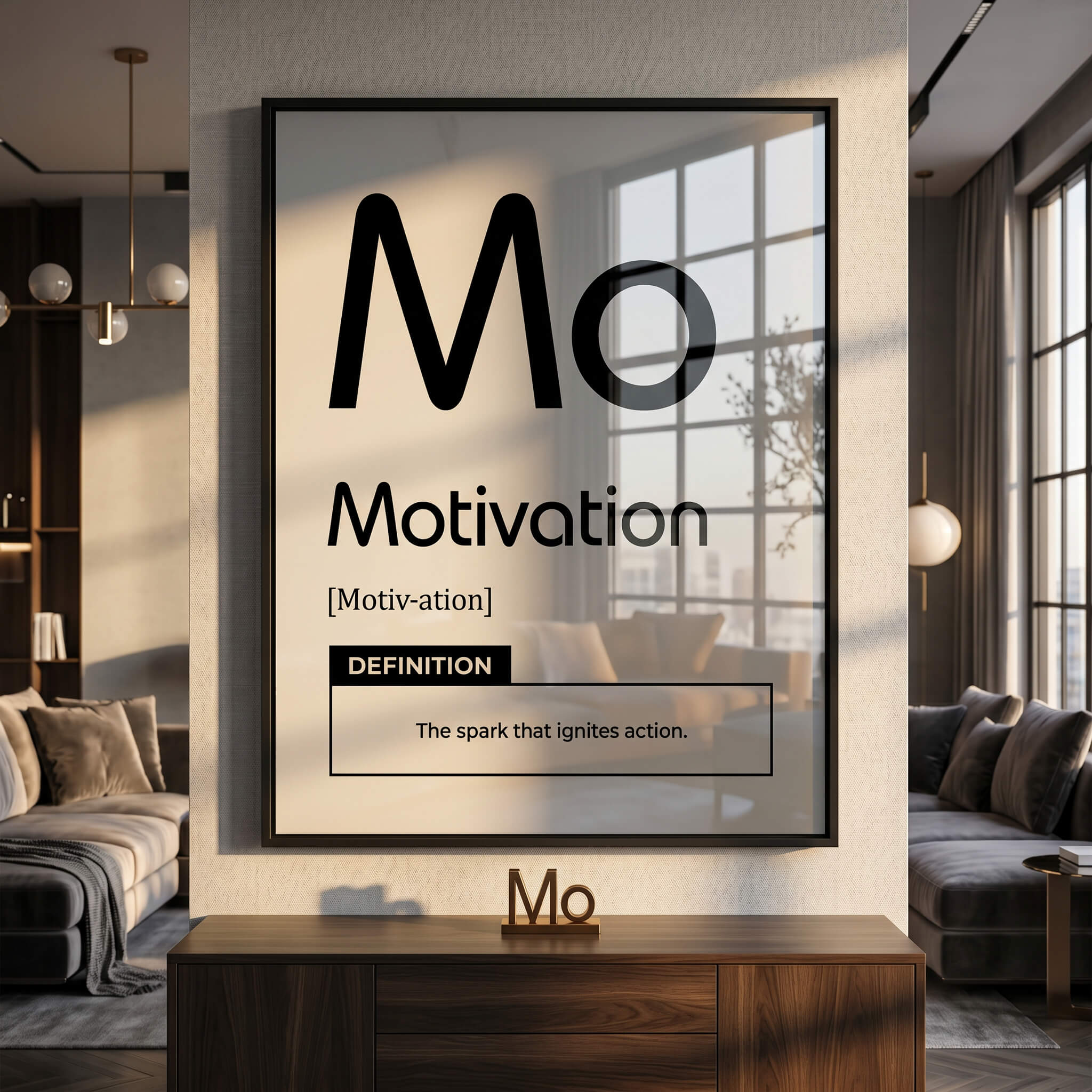 DOTCOMCANVAS® Motivation (Mo) Acrylglasbild Version Weiß – Raum-Mockup